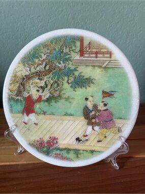 Vintage Asian Children Marble Art Plate 8” Decorative Plaque